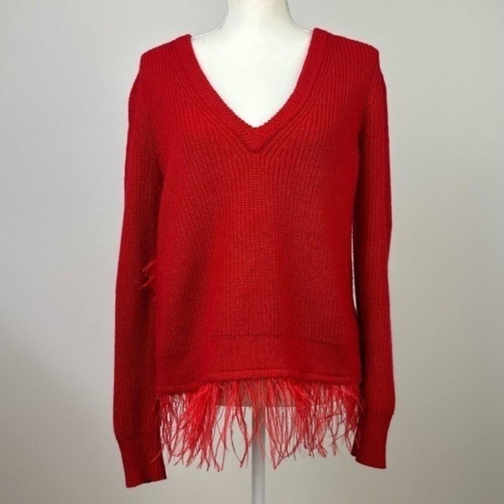 Saylor Juneau Red V-Neck Ribbed Knit Sweater with Asymmetrical Fringe Hem Size S